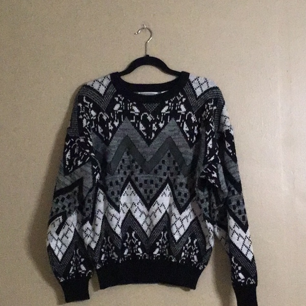 Gabrielle Sweater Sz M Abstract Vintage Long Sleeves with Genuine Leather Trim - Picture 1 of 5